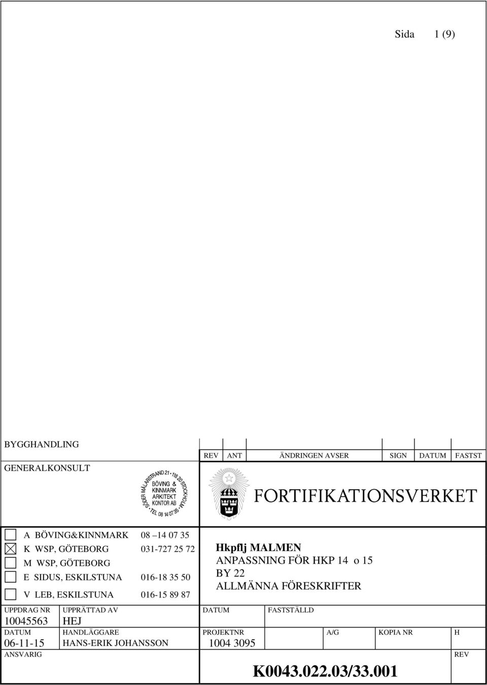 MALMEN ANPASSNING FÖR HKP 14 o 15 BY 22 ALLMÄNNA FÖRESKRIFTER UPPDRAG NR UPPRÄTTAD AV DATUM FASTSTÄLLD 10045563