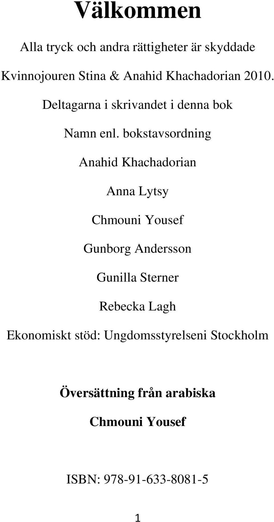 bokstavsordning Anahid Khachadorian Anna Lytsy Chmouni Yousef Gunborg Andersson Gunilla