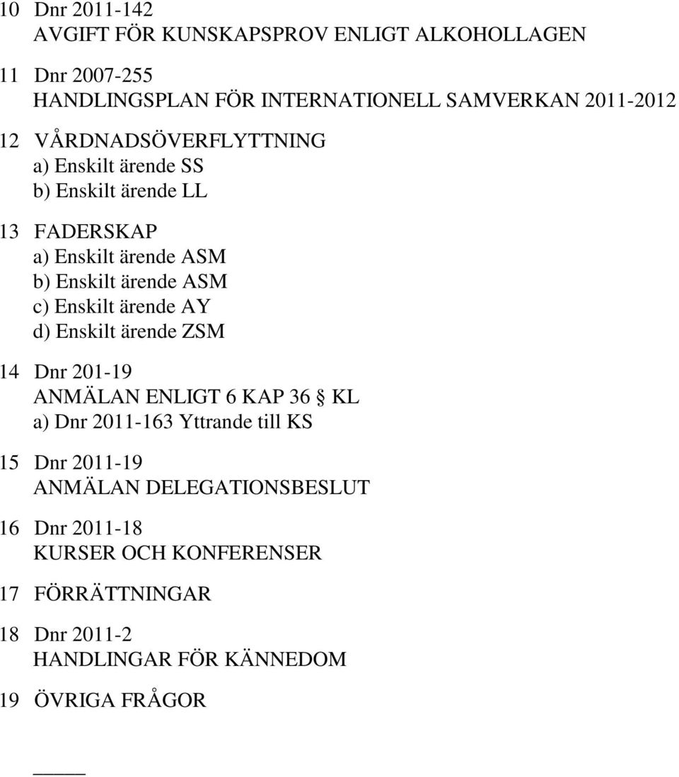 Enskilt ärende AY d) Enskilt ärende ZSM 14 Dnr 201-19 ANMÄLAN ENLIGT 6 KAP 36 KL a) Dnr 2011-163 Yttrande till KS 15 Dnr 2011-19