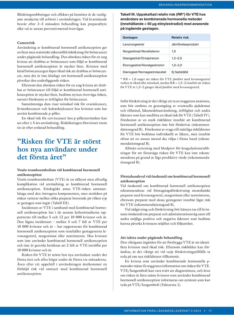 Cancerrisk Användning av kombinerad hormonell antikonception ger en liten men statistiskt säkerställd riskökning för bröstcancer under pågående behandling.