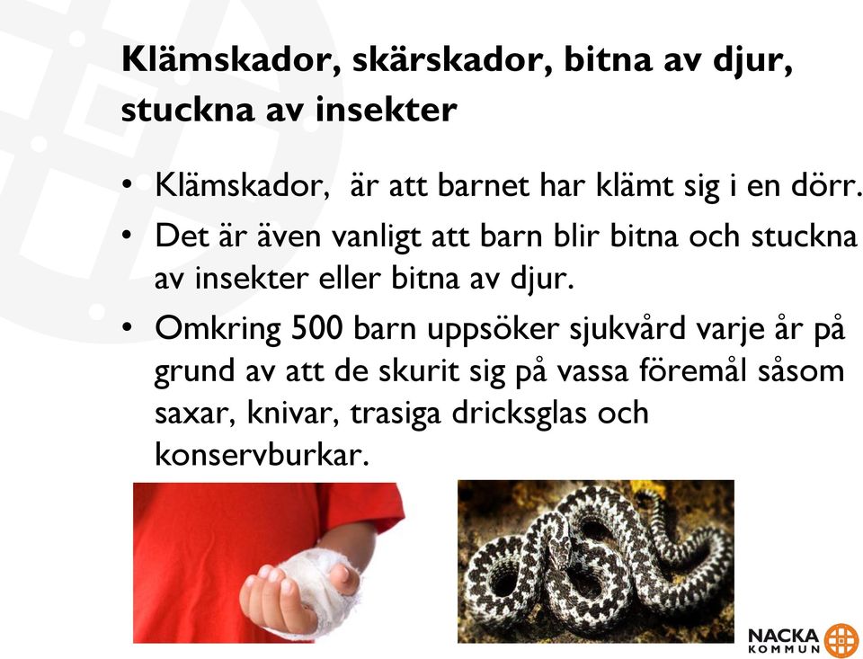 Det är även vanligt att barn blir bitna och stuckna av insekter eller bitna av djur.