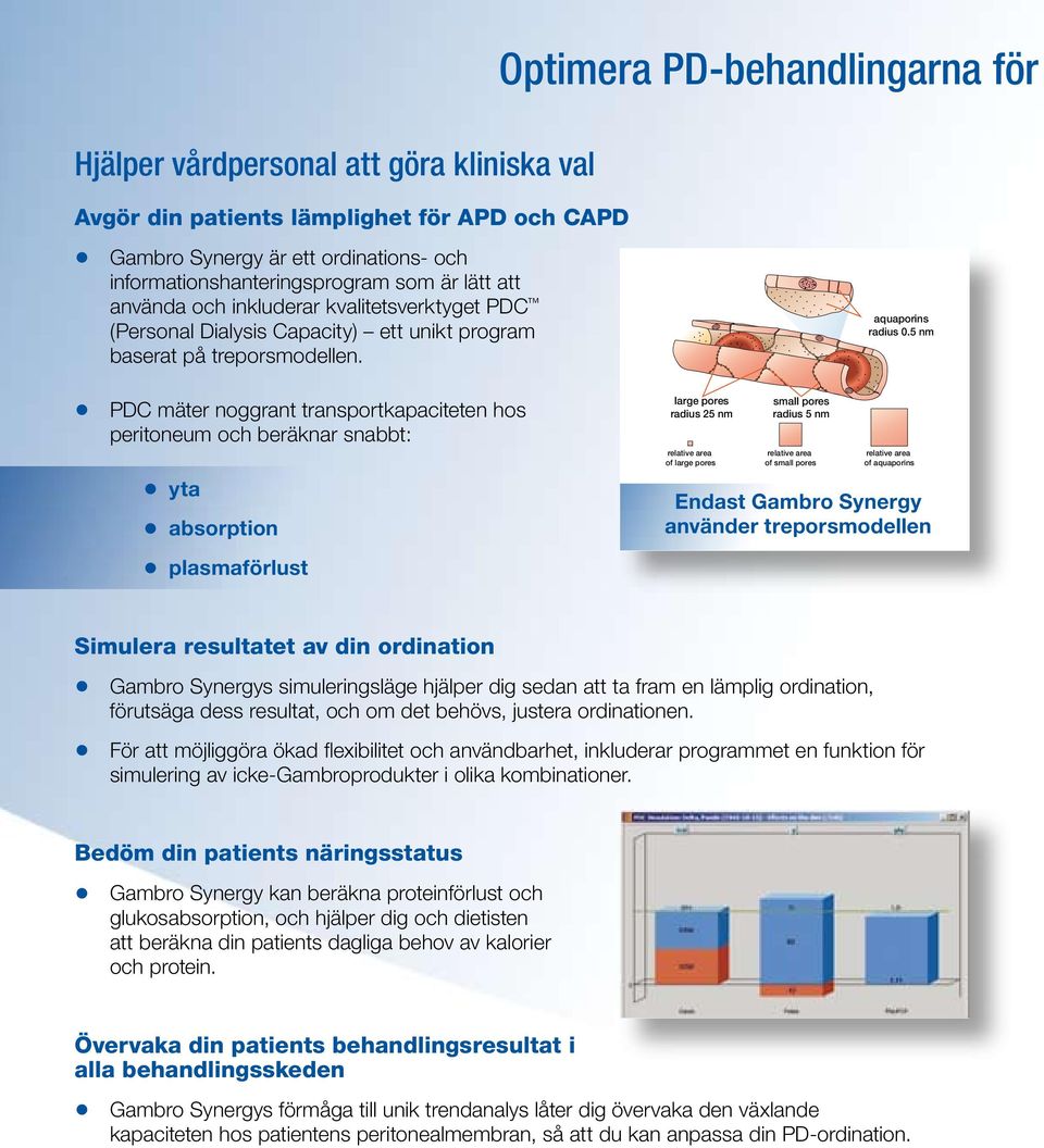 5 nm PDC mäter noggrant transportkapaciteten hos peritoneum och beräknar snabbt: yta absorption plasmaförlust large pores radius 25 nm relative area of large pores small pores radius 5 nm relative