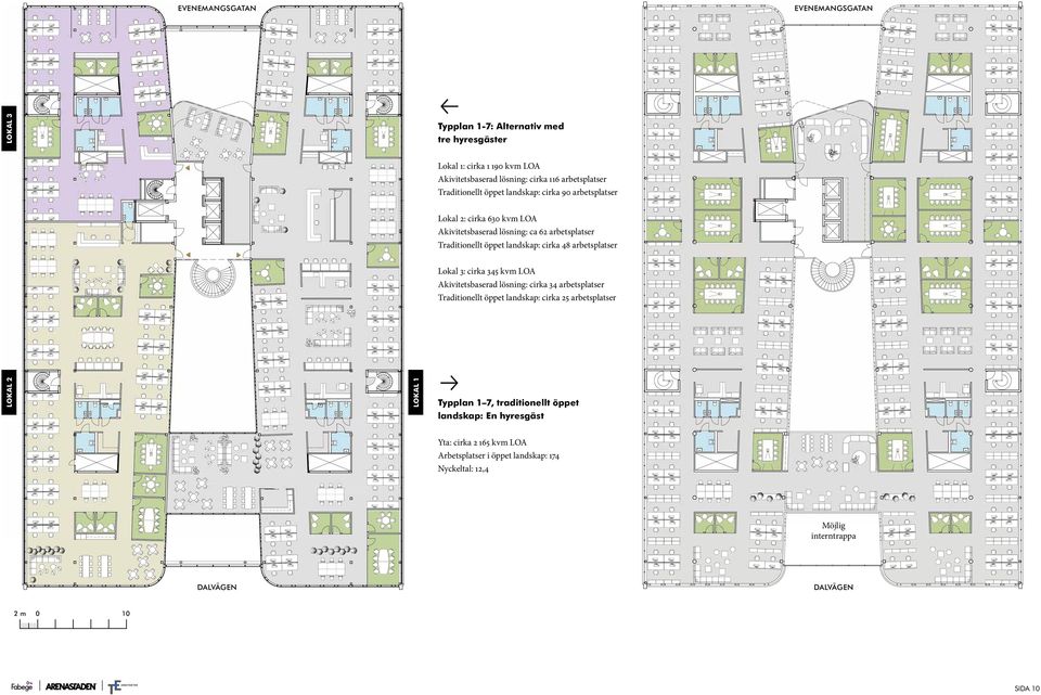arbetsplatser Lokal 3: cirka 345 kvm LOA Akivitetsbaserad lösning: cirka 34 arbetsplatser raditionellt öppet landskap: cirka 25 arbetsplatser LOKAL 2 LOKAL 1 p ypplan