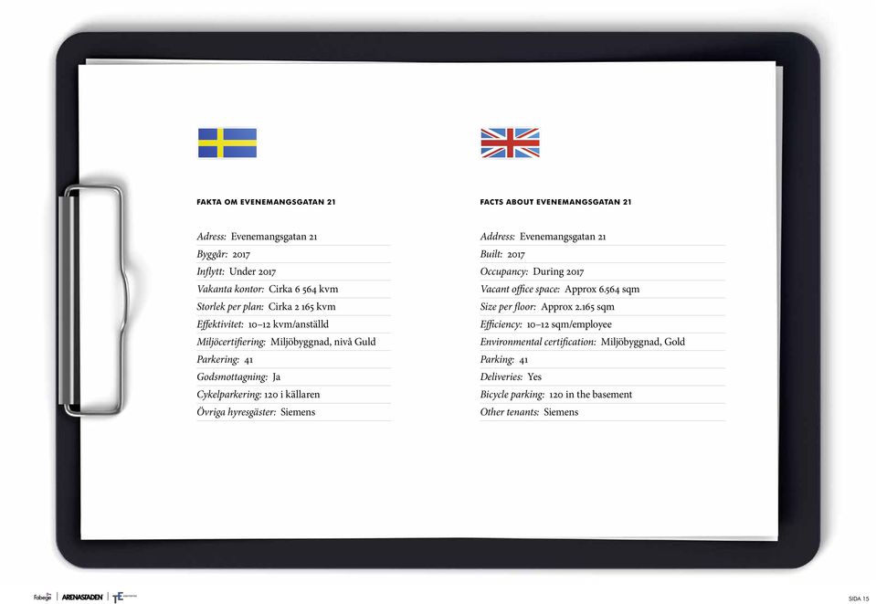 hyresgäster: Siemens Address: Evenemangsgatan 21 Built: 2017 Occupancy: During 2017 Vacant office space: Approx 6.564 sqm Size per floor: Approx 2.