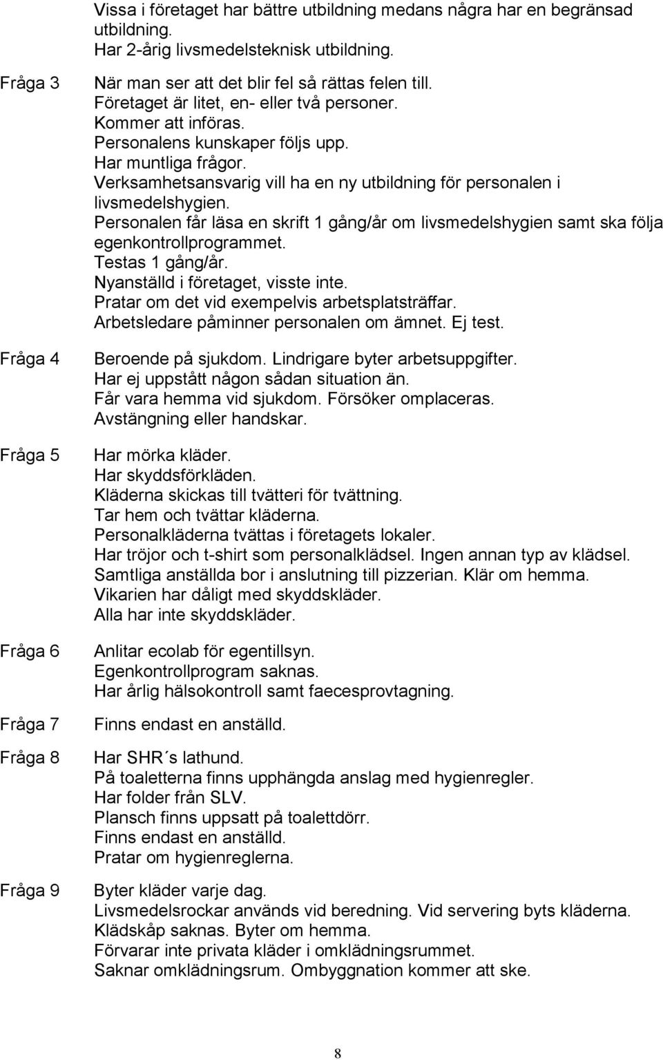 Personalens kunskaper följs upp. Har muntliga frågor. Verksamhetsansvarig vill ha en ny utbildning för personalen i livsmedelshygien.