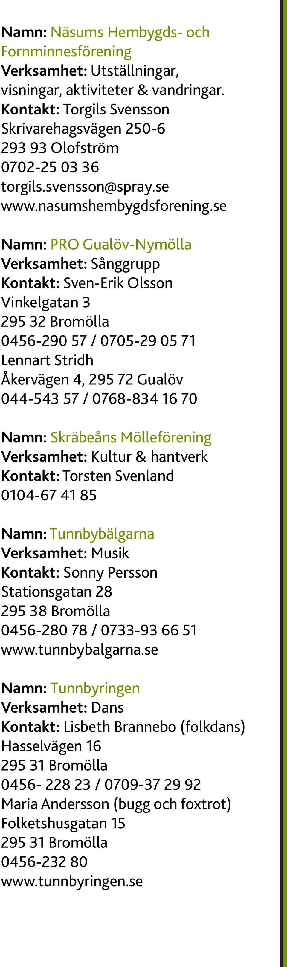 se Namn: PRO Gualöv-Nymölla Verksamhet: Sånggrupp Kontakt: Sven-Erik Olsson Vinkelgatan 3 295 32 Bromölla 0456-290 57 / 0705-29 05 71 Lennart Stridh Åkervägen 4, 295 72 Gualöv 044-543 57 / 0768-834