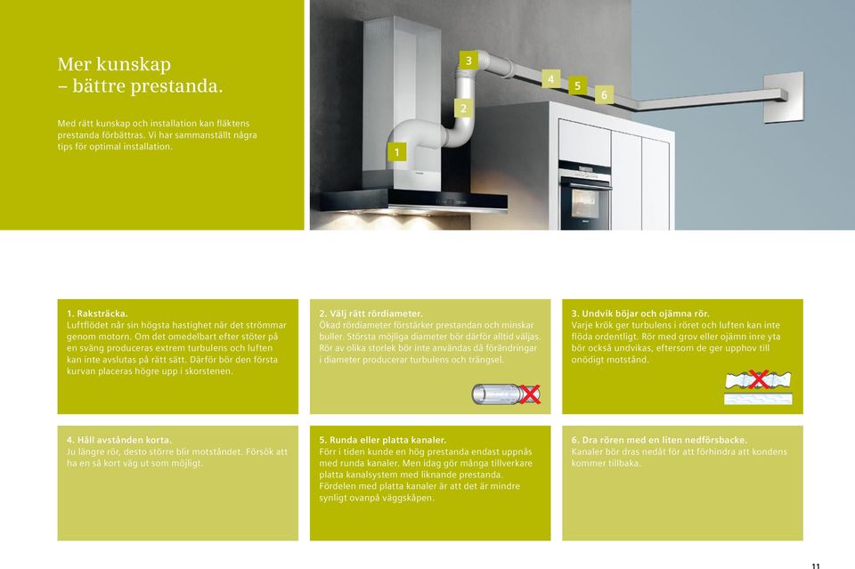 Därför bör den första kurvan placeras högre upp i skorstenen. 2. Välj rätt rördiameter. Ökad rördiameter förstärker prestandan och minskar buller. Största möjliga diameter bör därför alltid väljas.