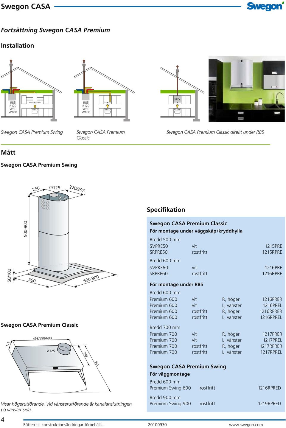 600 vit R, höger 1216PRER Premium 600 vit L, vänster 1216PREL Premium 600 rostfritt R, höger 1216RPRER Premium 600 rostfritt L, vänster 1216RPREL Bredd 700 mm Premium 700 vit R, höger 1217PRER