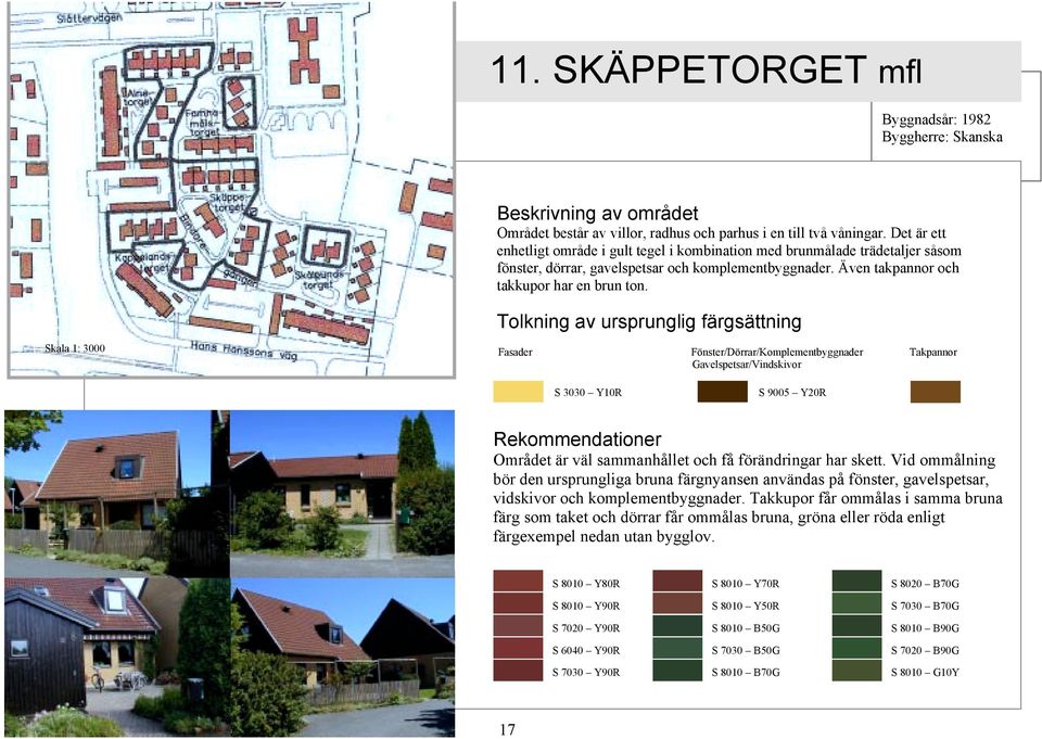 Tolkning av ursprunglig färgsättning Fasader Fönster/Dörrar/Komplementbyggnader Takpannor Gavelspetsar/Vindskivor S 3030 Y10R S 9005 Y20R Område Området är väl sammanhållet och få förändringar har