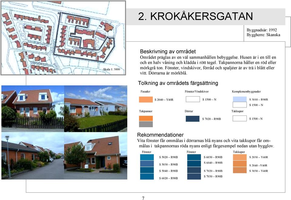 Tolkning av områdets färgsättning Fasader Fönster/Vindskivor Komplementbyggnader S 2040 Y40R S 1500 N S 3010 R90B S 1500 N Takpannor Dörrar Takkupor S 7020 R90B S 1500 - N Vita fönster får ommålas