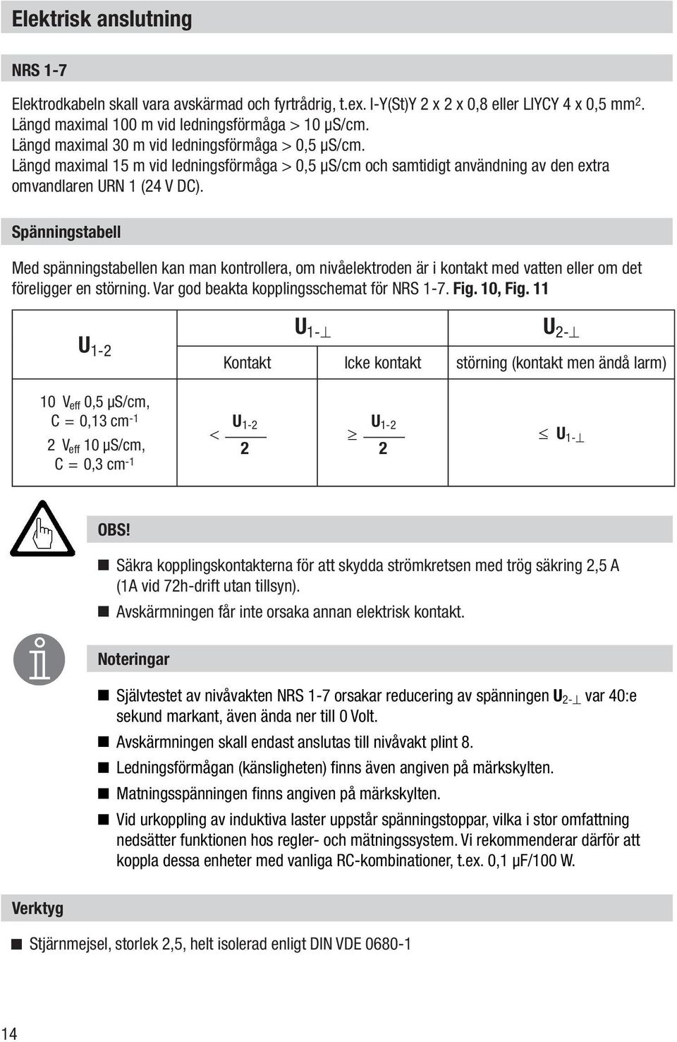 Spänningstabell Med spänningstabellen kan man kontrollera, om nivåelektroden är i kontakt med vatten eller om det föreligger en störning. Var god beakta kopplingsschemat för NRS 1-7. Fig. 10, Fig.