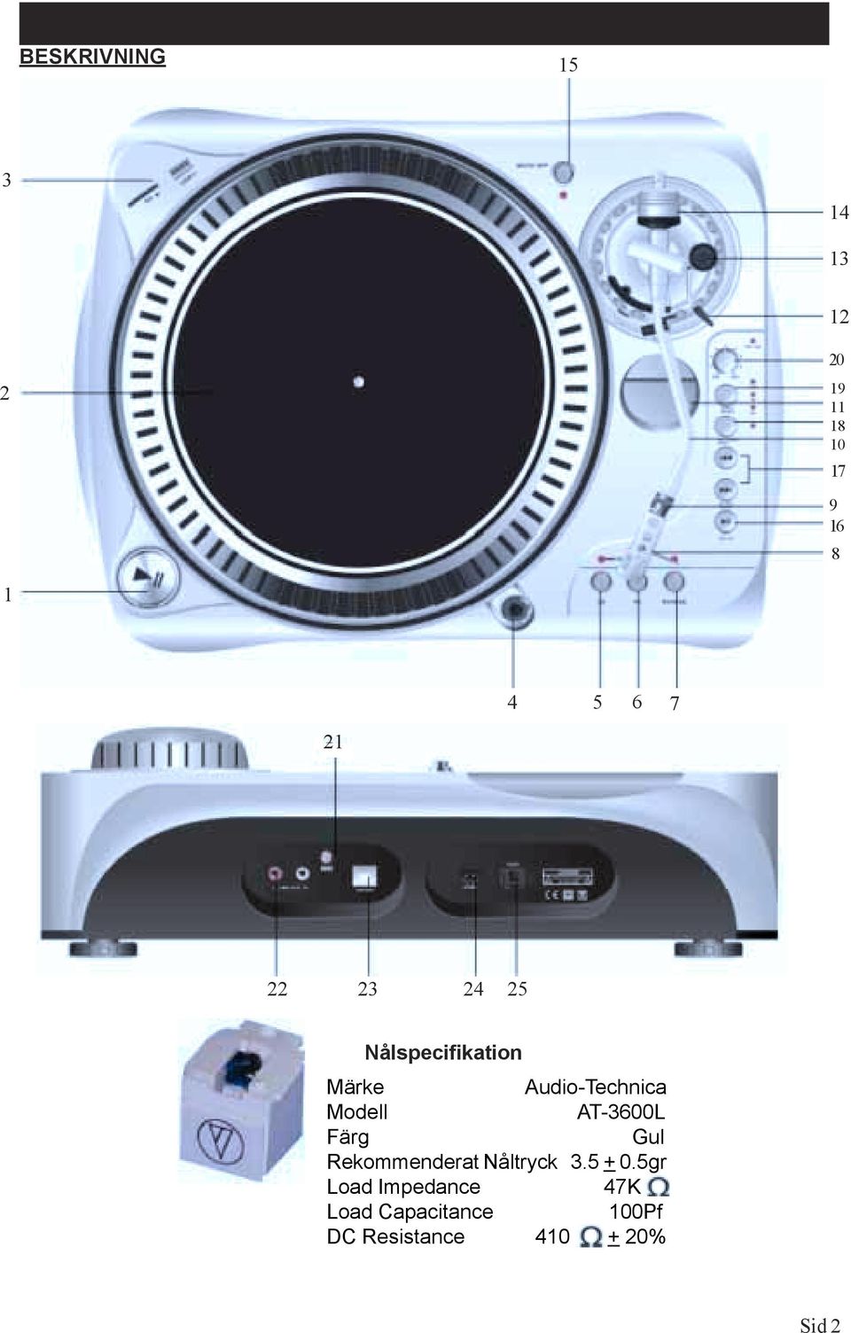 AT-3600L Färg Gul Rekommenderat Nåltryck 3.5 + 0.