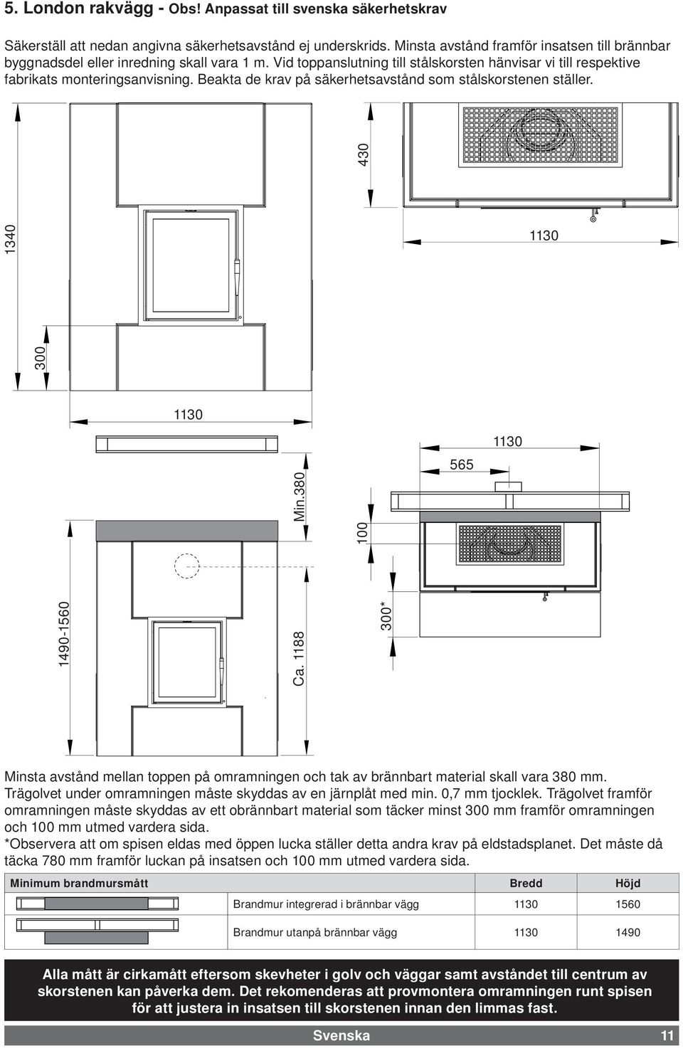 Beakta de krav på säkerhetsavstånd som stålskorstenen ställer. 1340 300 430 1130 1130 Min.380 100 565 1130 1490-1560 Ca.