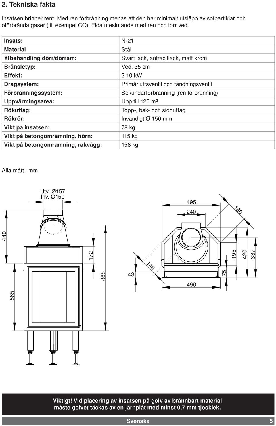 Sekundärförbränning (ren förbränning) Uppvärmingsarea: Upp till 120 m² Rökuttag: Topp-, bak- och sidouttag Rökrör: Invändigt Ø 150 mm Vikt på insatsen: 78 kg Vikt på betongomramning, hörn: 115 kg
