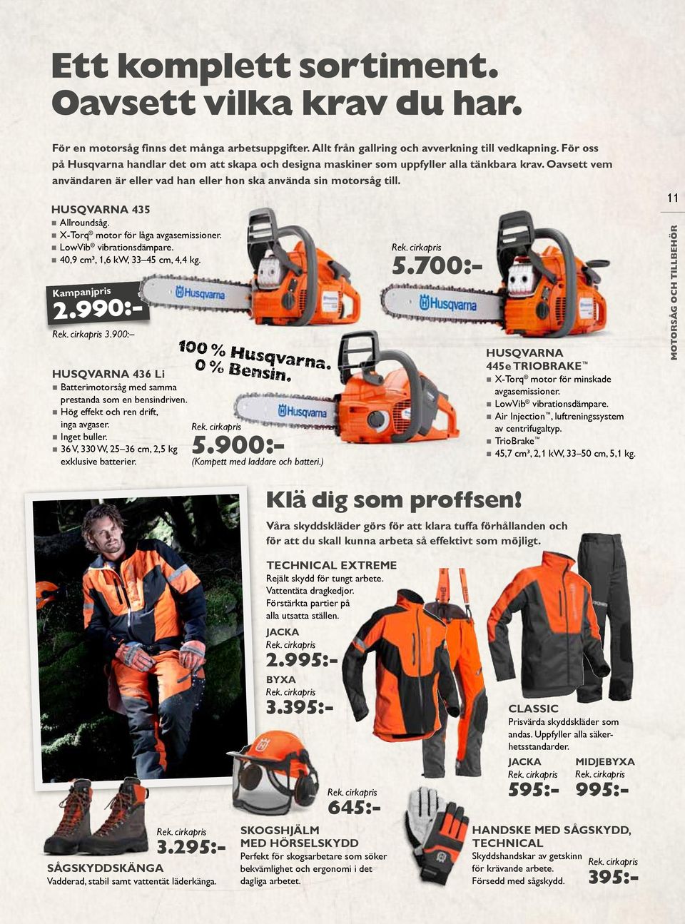 Husqvarna 435 Allroundsåg. X-Torq motor för låga avgas emissioner. LowVib vibrationsdämpare. 40,9 cm³, 1,6 kw, 33 45 cm, 4,4 kg. Kampanjpris 2.990:- 3.