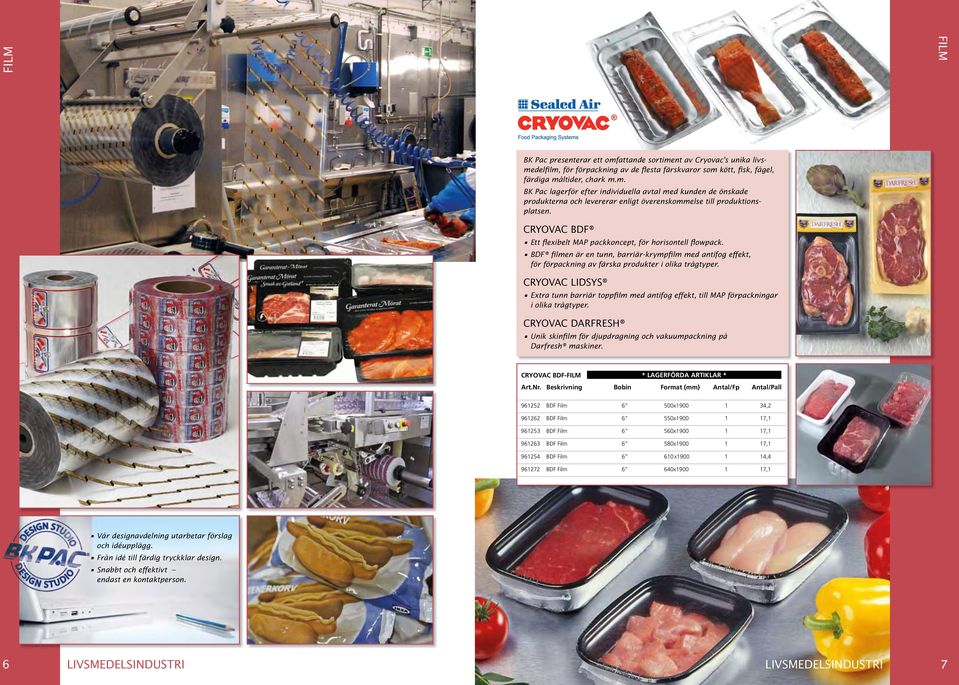 CRYOVAC LIDsys Extra tunn barriär toppfilm med antifog effekt, till MAP förpackningar i olika trågtyper. CRYOVAC DArfresh Unik skinfilm för djupdragning och vakuumpackning på Darfresh maskiner.