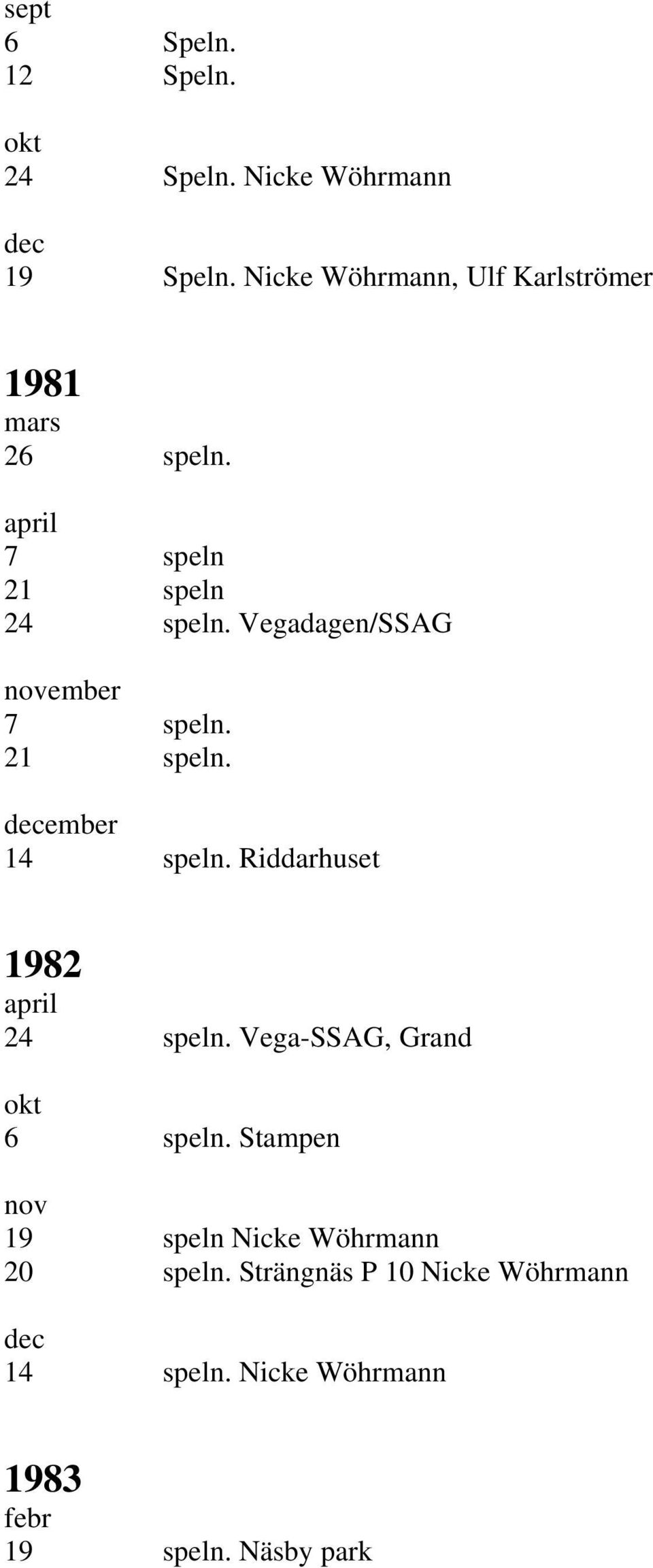 Vegadagen/SSAG november 7 speln. 21 speln. ember 14 speln. Riddarhuset 1982 april 24 speln.