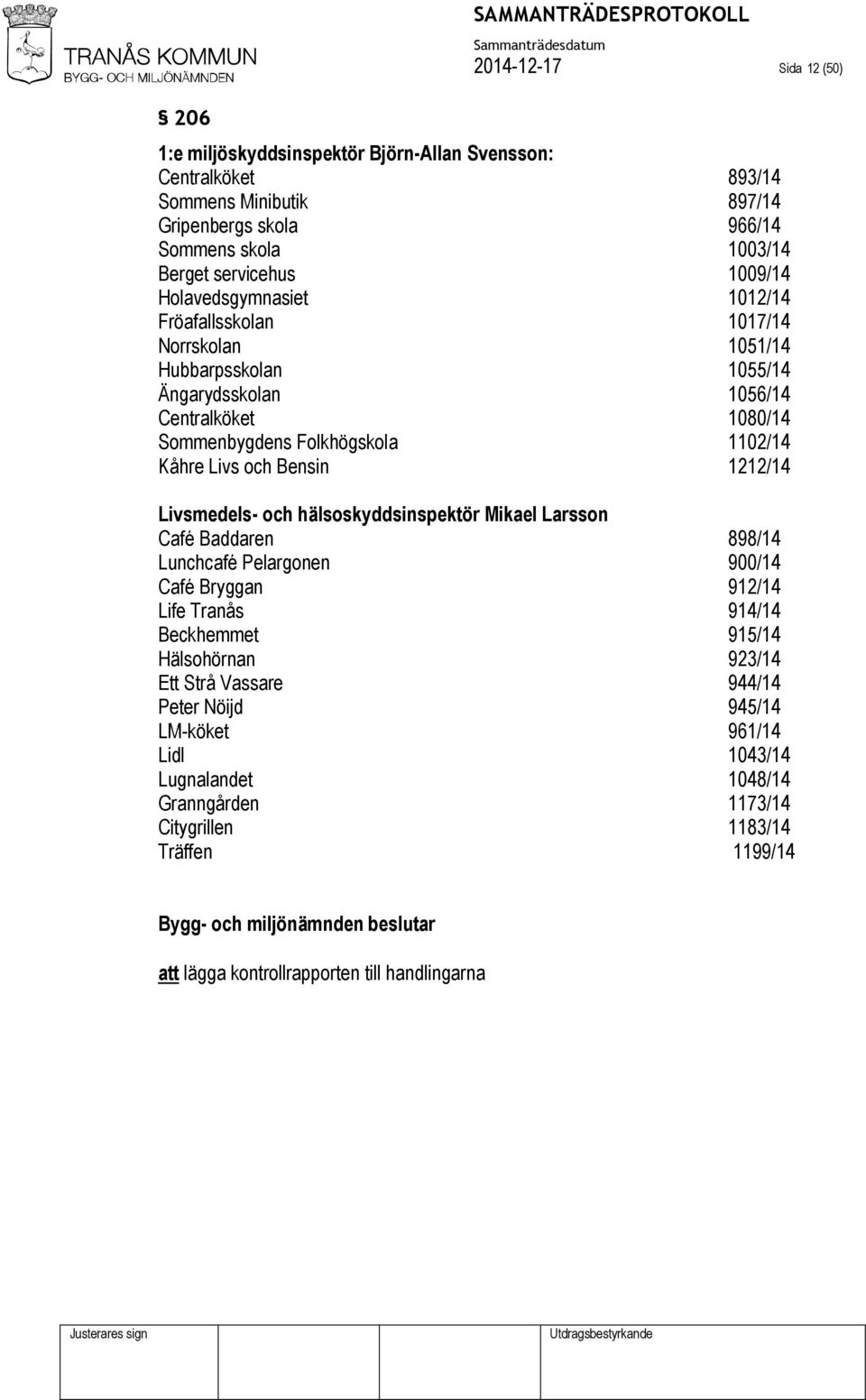 och Bensin 1212/14 Livsmedels- och hälsoskyddsinspektör Mikael Larsson Café Baddaren 898/14 Lunchcafé Pelargonen 900/14 Café Bryggan 912/14 Life Tranås 914/14 Beckhemmet 915/14 Hälsohörnan