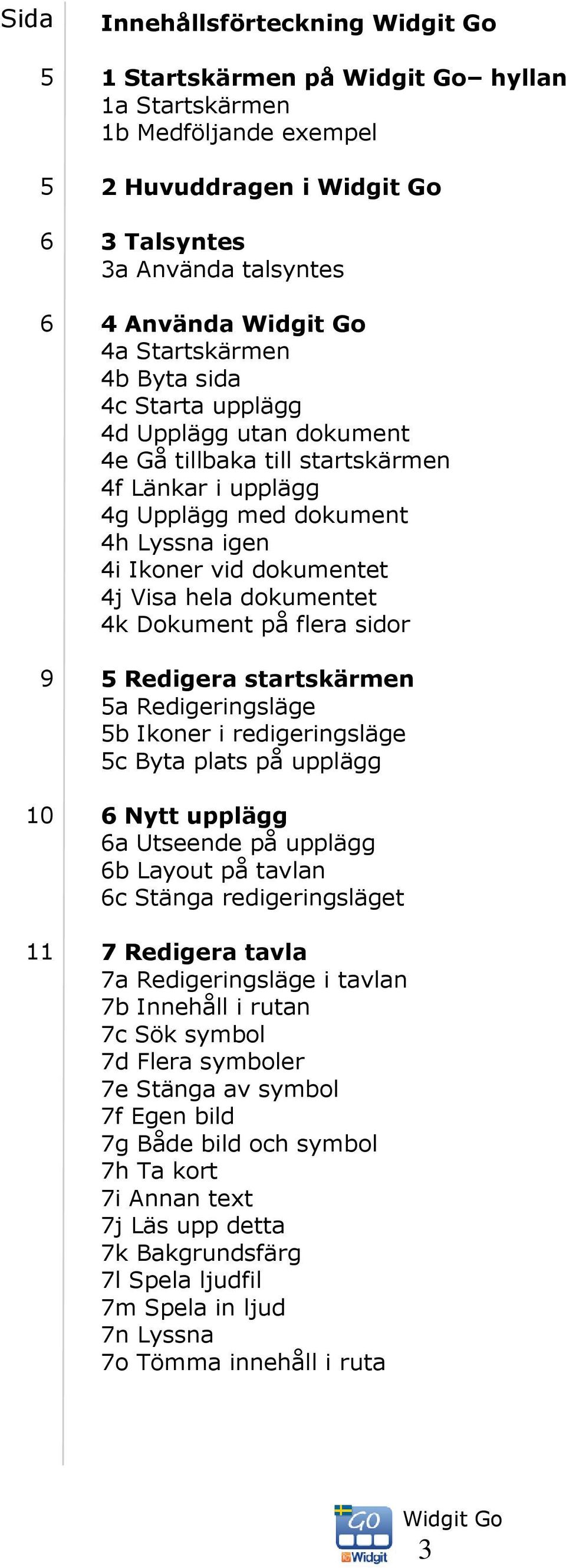 flera sidor 5 Redigera startskärmen 5a Redigeringsläge 5b Ikoner i redigeringsläge 5c Byta plats på upplägg 6 Nytt upplägg 6a Utseende på upplägg 6b Layout på tavlan 6c Stänga redigeringsläget 7