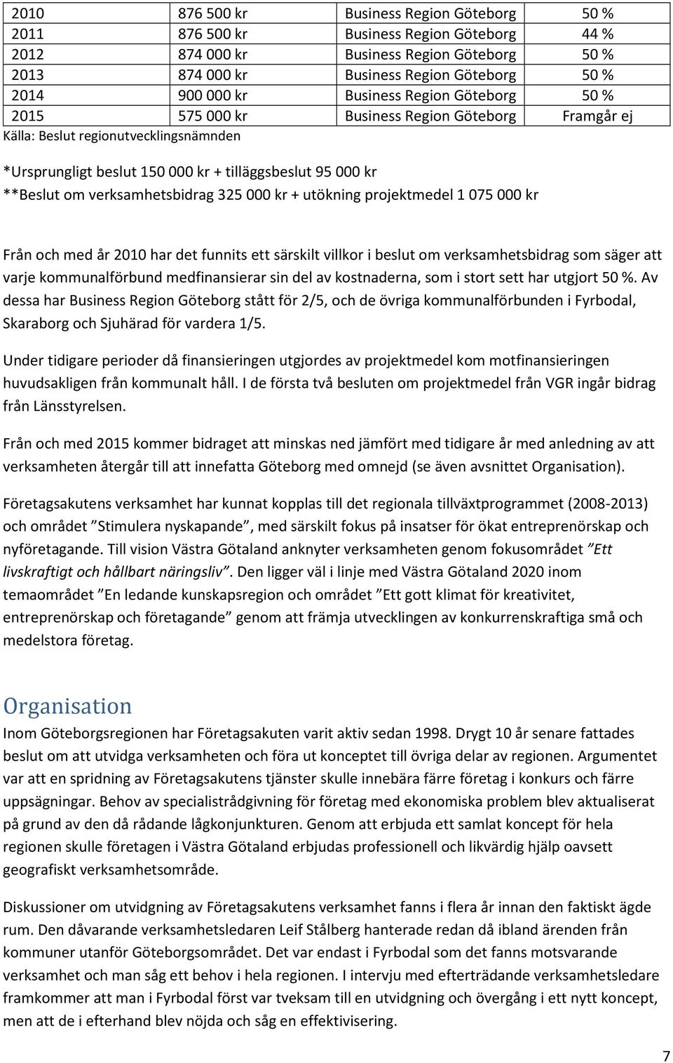 verksamhetsbidrag 325 000 kr + utökning projektmedel 1 075 000 kr Från och med år 2010 har det funnits ett särskilt villkor i beslut om verksamhetsbidrag som säger att varje kommunalförbund