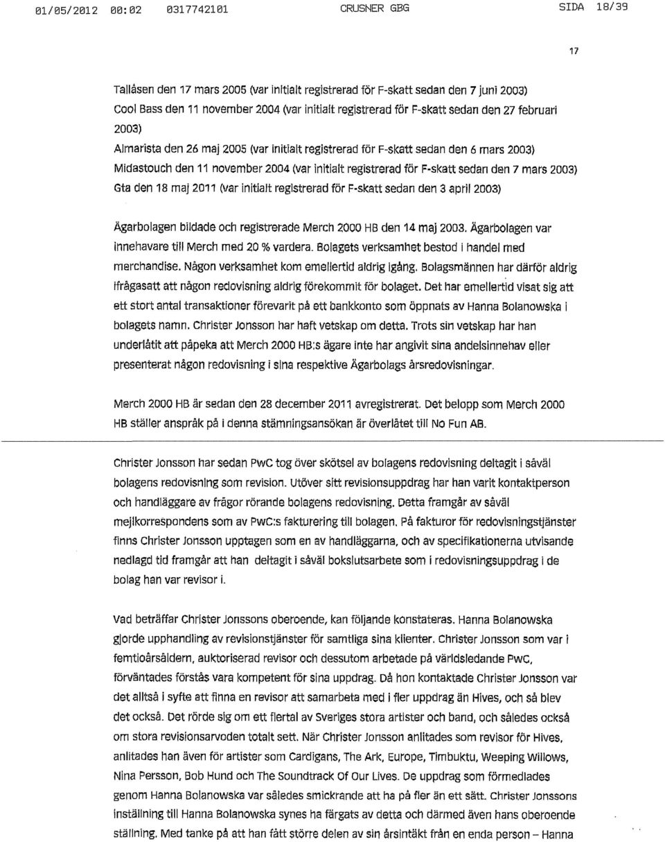 sedan den 7 mars 2003) Gta den 18 maj 2011 (var initialt registrerad för F-skatt sedan den 3 april 2003) Ägarbolagen bildade och registrerade Merch 2000 HB den 14 maj 2003.