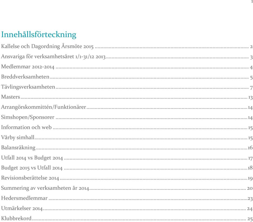 .. 14 Information och web... 15 Vårby simhall... 15 Balansräkning... 16 Utfall 2014 vs Budget 2014... 17 Budget 2015 vs Utfall 2014.