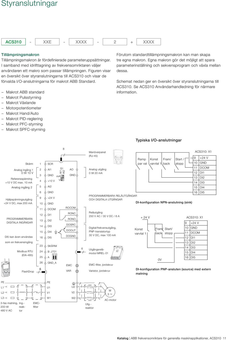 Figuren visar en översikt över styranslutningarna till ACS310 och visar de förvalda I/O-anslutningarna för makrot ABB Standard.