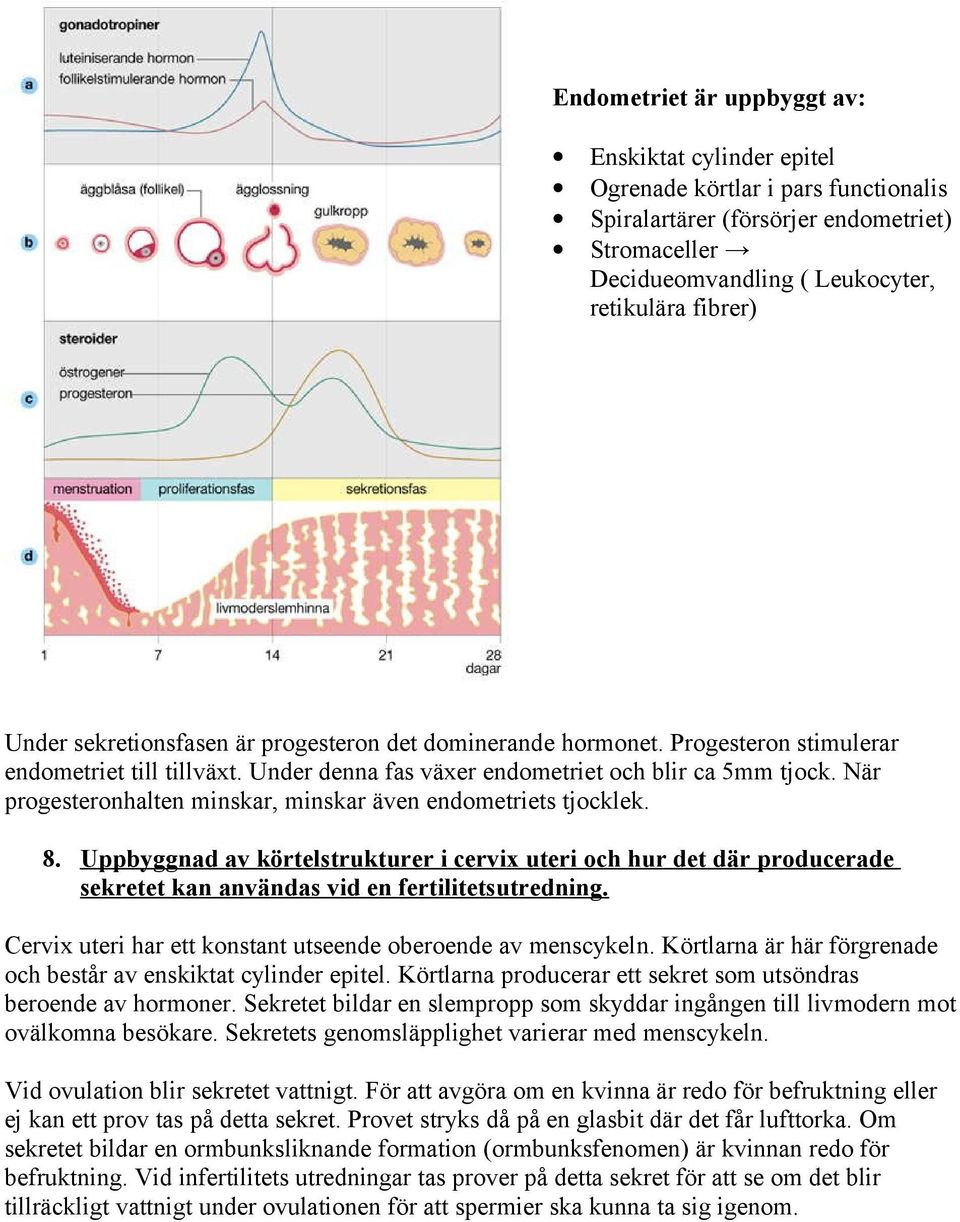 När progesteronhalten minskar, minskar även endometriets tjocklek. 8. Uppbyggnad av körtelstrukturer i cervix uteri och hur det där producerade sekretet kan användas vid en fertilitetsutredning.