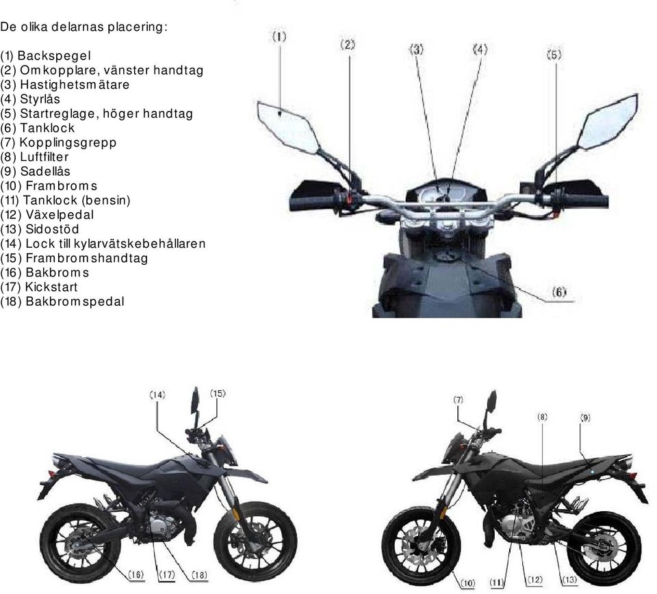 (8) Luftfilter (9) Sadellås (10) Frambroms (11) Tanklock (bensin) (12) Växelpedal (13)