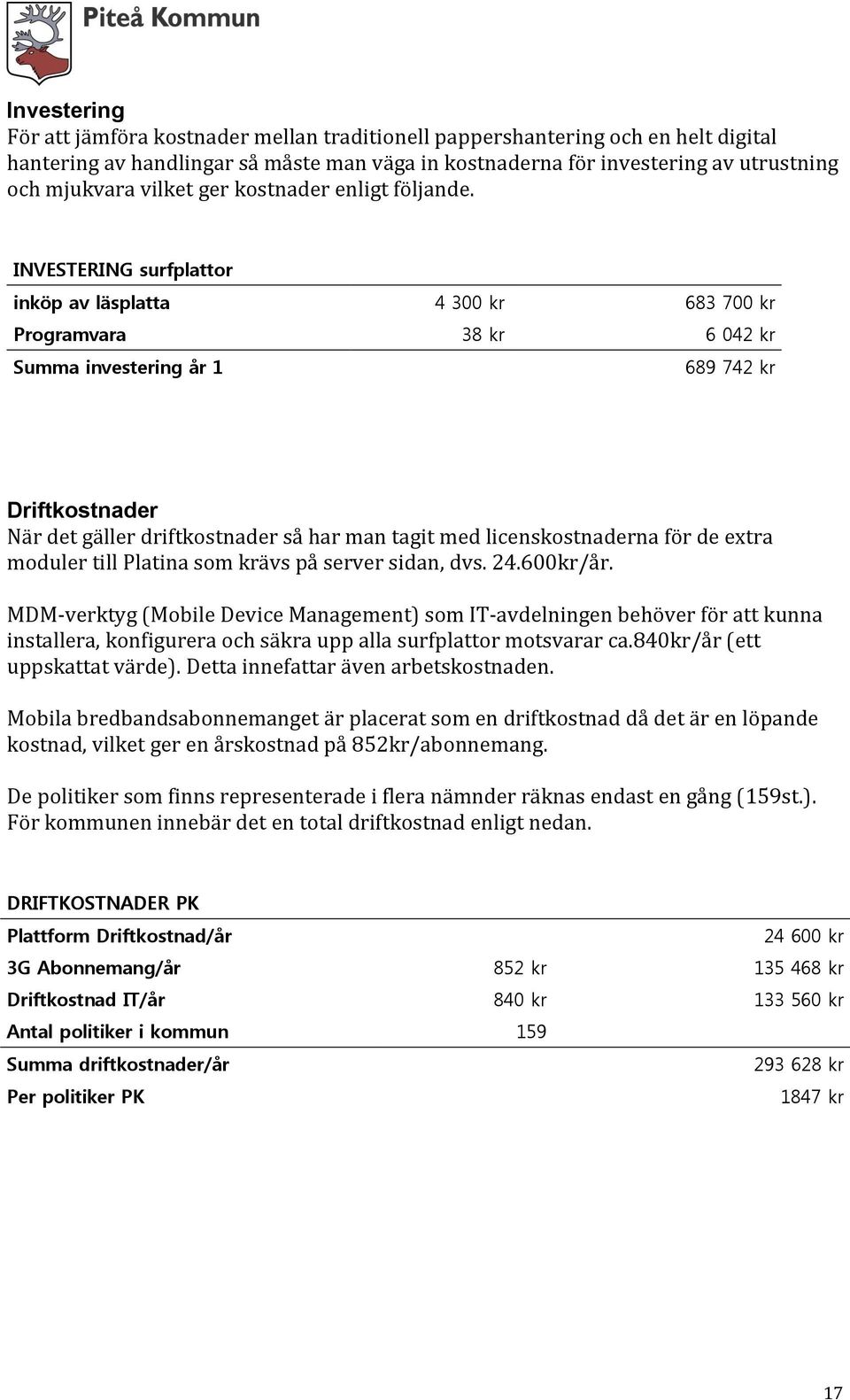 INVESTERING surfplattor inköp av läsplatta 4 300 kr 683 700 kr Programvara 38 kr 6 042 kr Summa investering år 1 689 742 kr Driftkostnader När det gäller driftkostnader så har man tagit med