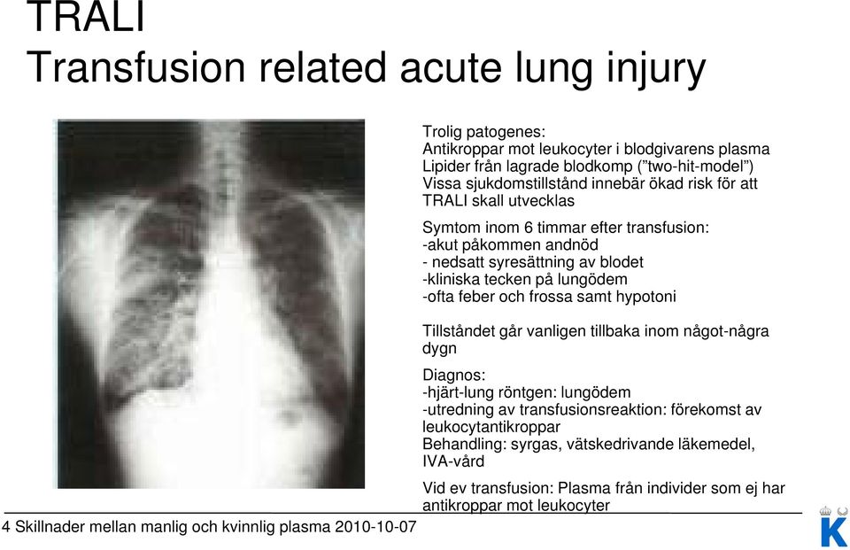 frossa samt hypotoni Tillståndet går vanligen tillbaka inom någotnågra några dygn Diagnos: hjärtlung röntgen: lungödem utredning av transfusionsreaktion: förekomst av