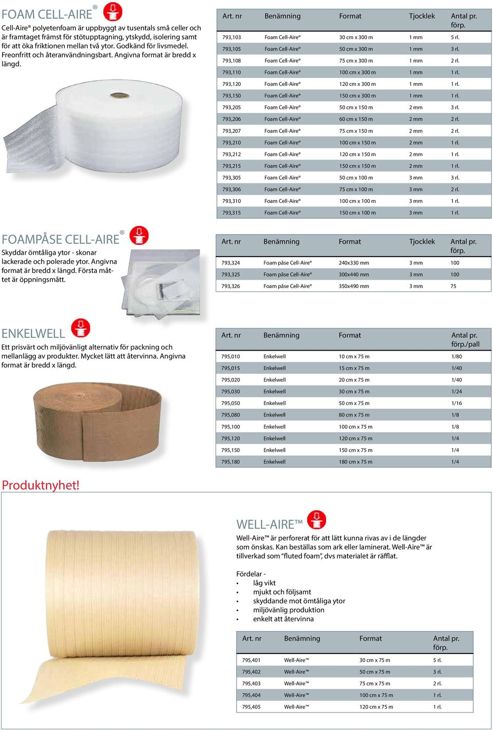 793,105 Foam Cell-Aire 50 cm x 300 m 1 mm 3 rl. 793,108 Foam Cell-Aire 75 cm x 300 m 1 mm 2 rl. 793,110 Foam Cell-Aire 100 cm x 300 m 1 mm 1 rl. 793,120 Foam Cell-Aire 120 cm x 300 m 1 mm 1 rl.