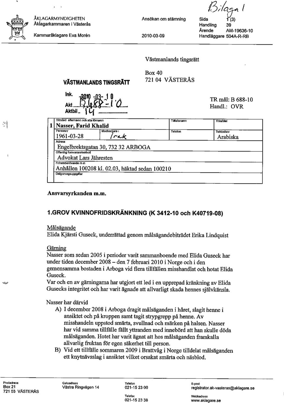 . Tilltalad efternamn och alla fornamn Nasser, Farid Khalid Personnr 1961-03-28 TRmål: B 688-10 T il<l HandL: OVR Cf Medborgare i Engelbrektsgatan 30, 732 32 ARBOGA Offentlig forsvarare/ombud Advokat