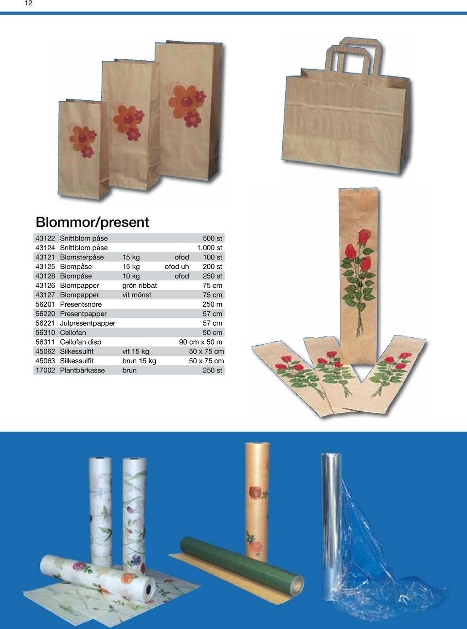 Blompapper grön ribbat 75 cm 43127 Blompapper vit mönst 75 cm 56201 Presentsnöre 250 m 56220 Presentpapper 57 cm 56221