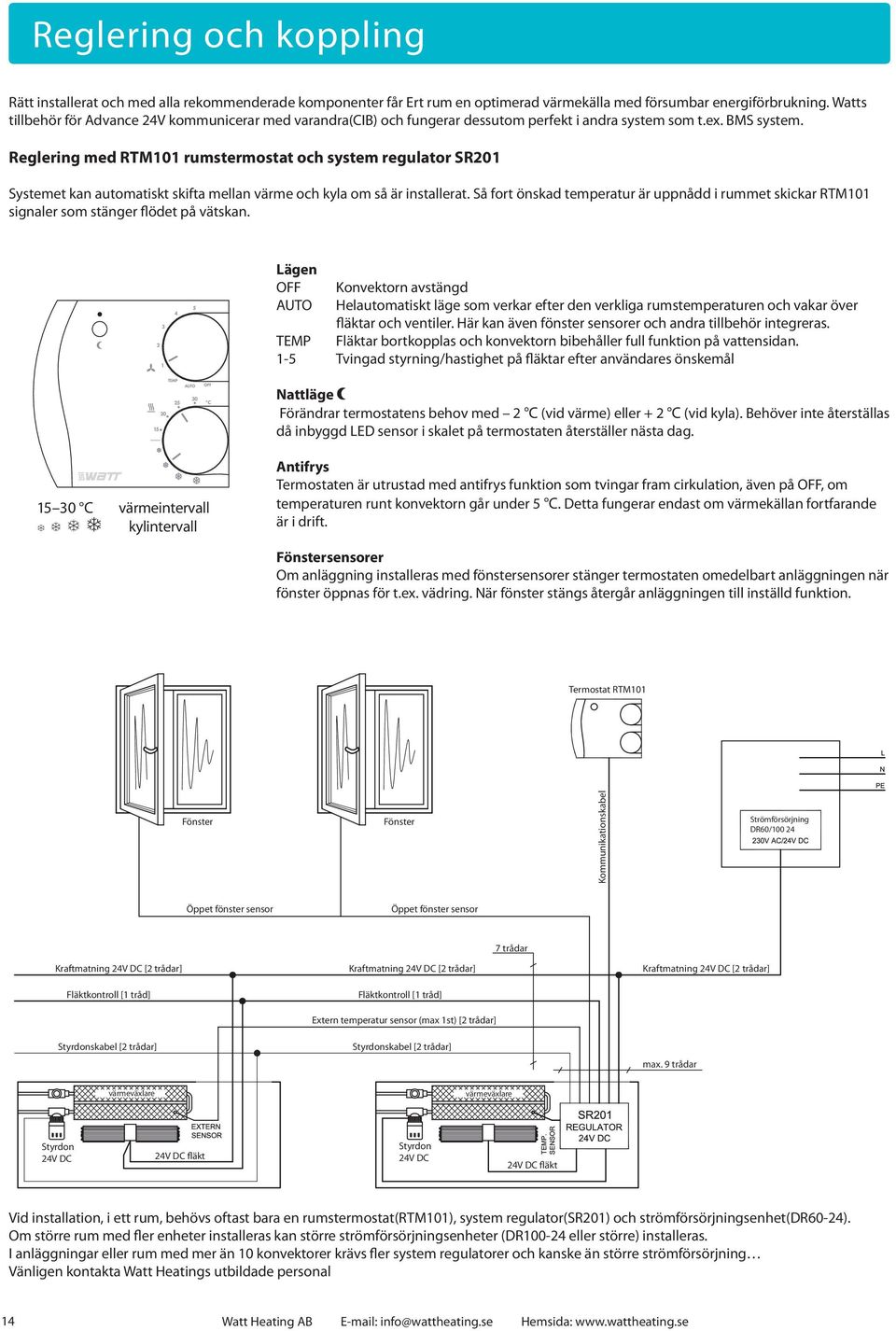 Reglering med RTM101 rumstermostat och system regulator SR201 Systemet kan automatiskt skifta mellan värme och kyla om så är installerat.