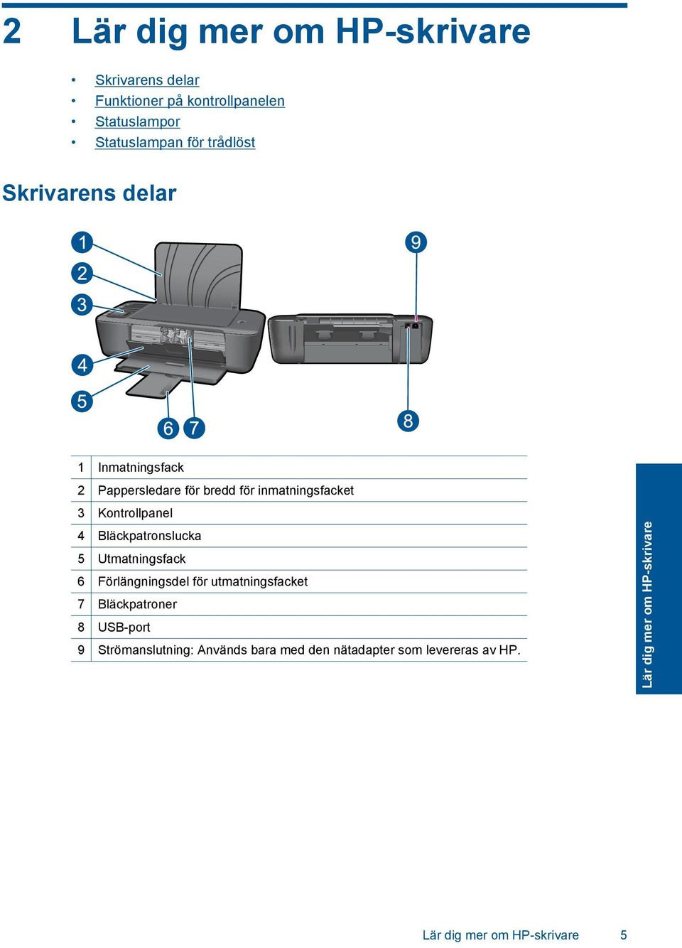 Bläckpatronslucka 5 Utmatningsfack 6 Förlängningsdel för utmatningsfacket 7 Bläckpatroner 8 USB-port 9