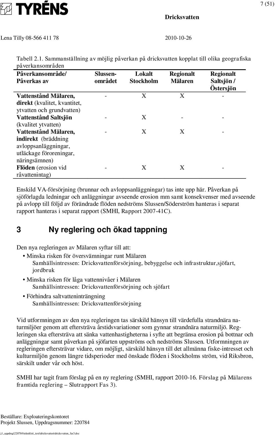 Sammanställning av möjlig påverkan på dricksvatten kopplat till olika geografiska påverkansområden Påverkansområde/ Påverkas av Slussenområdet Lokalt Regionalt Mälaren Regionalt Saltsjön /