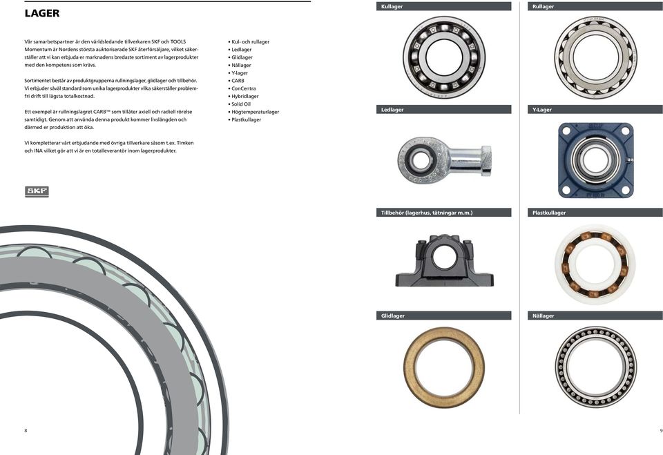 Vi erbjuder såväl standard som unika lagerprodukter vilka säkerställer problemfri drift till lägsta totalkostnad. Ett exempel är rullningslagret CARB som tillåter axiell och radiell rörelse samtidigt.
