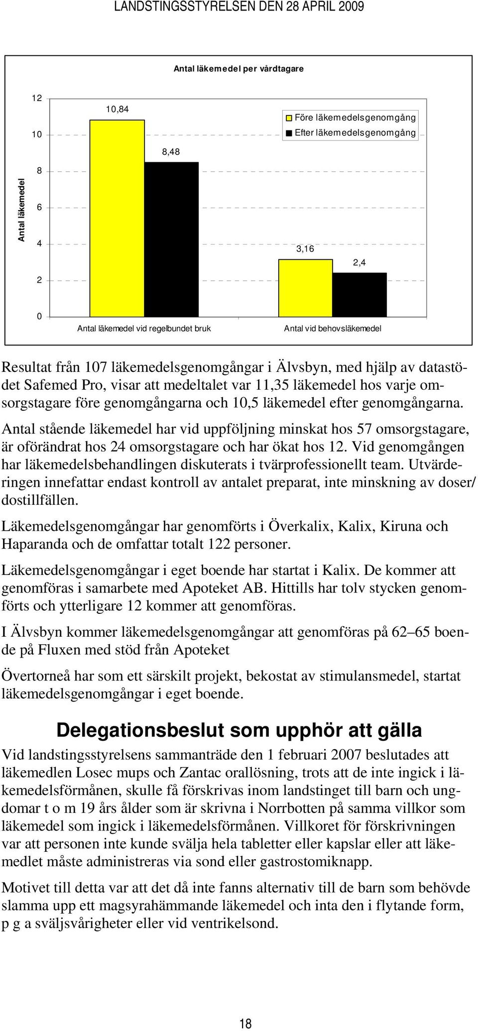 genomgångarna. Antal stående läkemedel har vid uppföljning minskat hos 57 omsorgstagare, är oförändrat hos 24 omsorgstagare och har ökat hos 12.