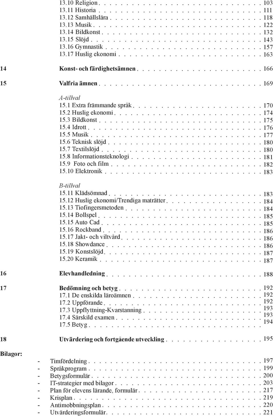 10 Elektronik 16 Elevhandledning B-tillval 15.11 Klädsömnad 15.12 Huslig ekonomi/trendiga maträtter 15.13 Tiofingersmetoden 15.14 Bollspel 15.15 Auto Cad 15.16 Rockband 15.17 Jakt- och viltvård 15.