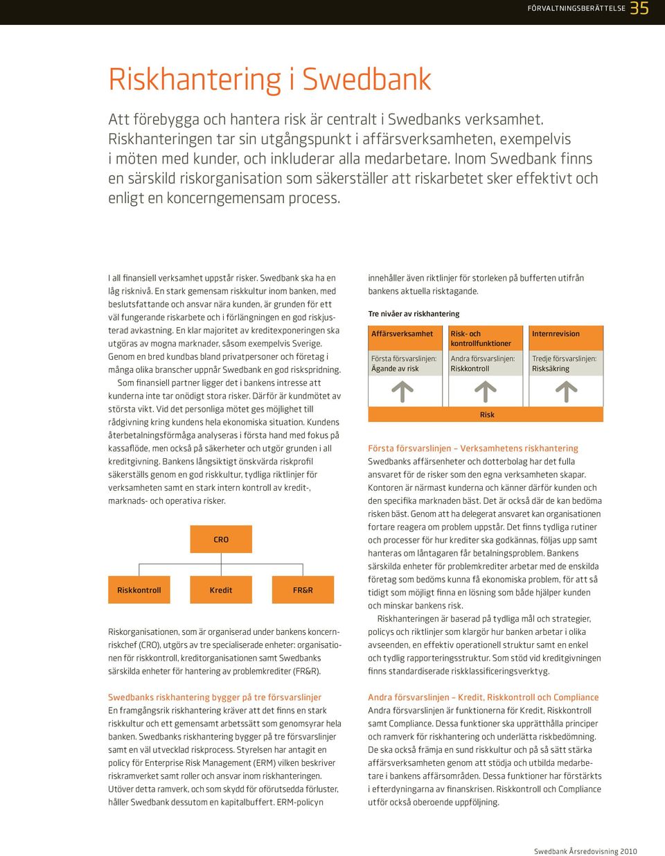 Inom Swedbank finns en särskild riskorganisation som säkerställer att riskarbetet sker effektivt och enligt en koncerngemensam process. I all finansiell verksamhet uppstår risker.