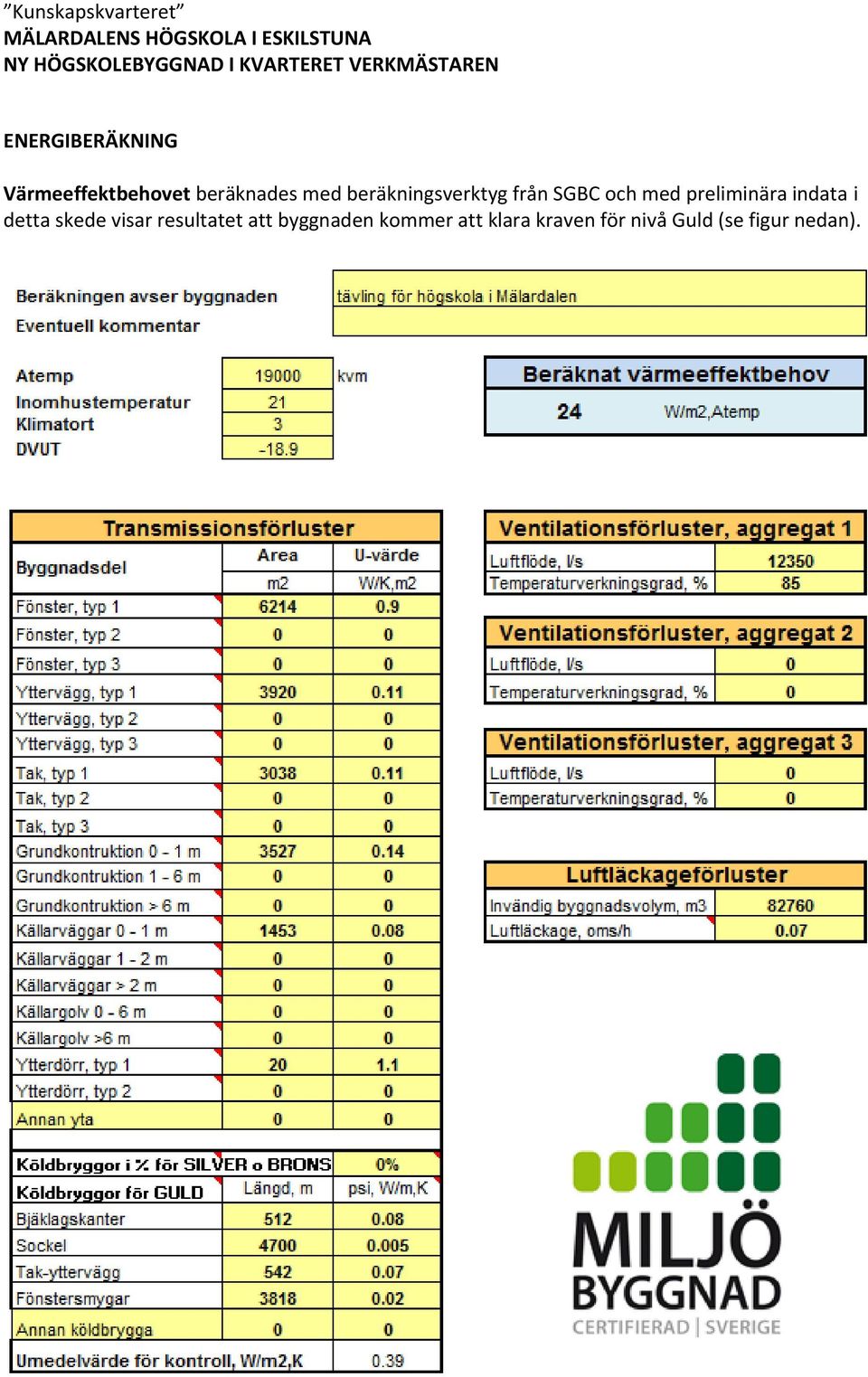 beräkningsverktyg från SGBC och med preliminära indata i detta skede