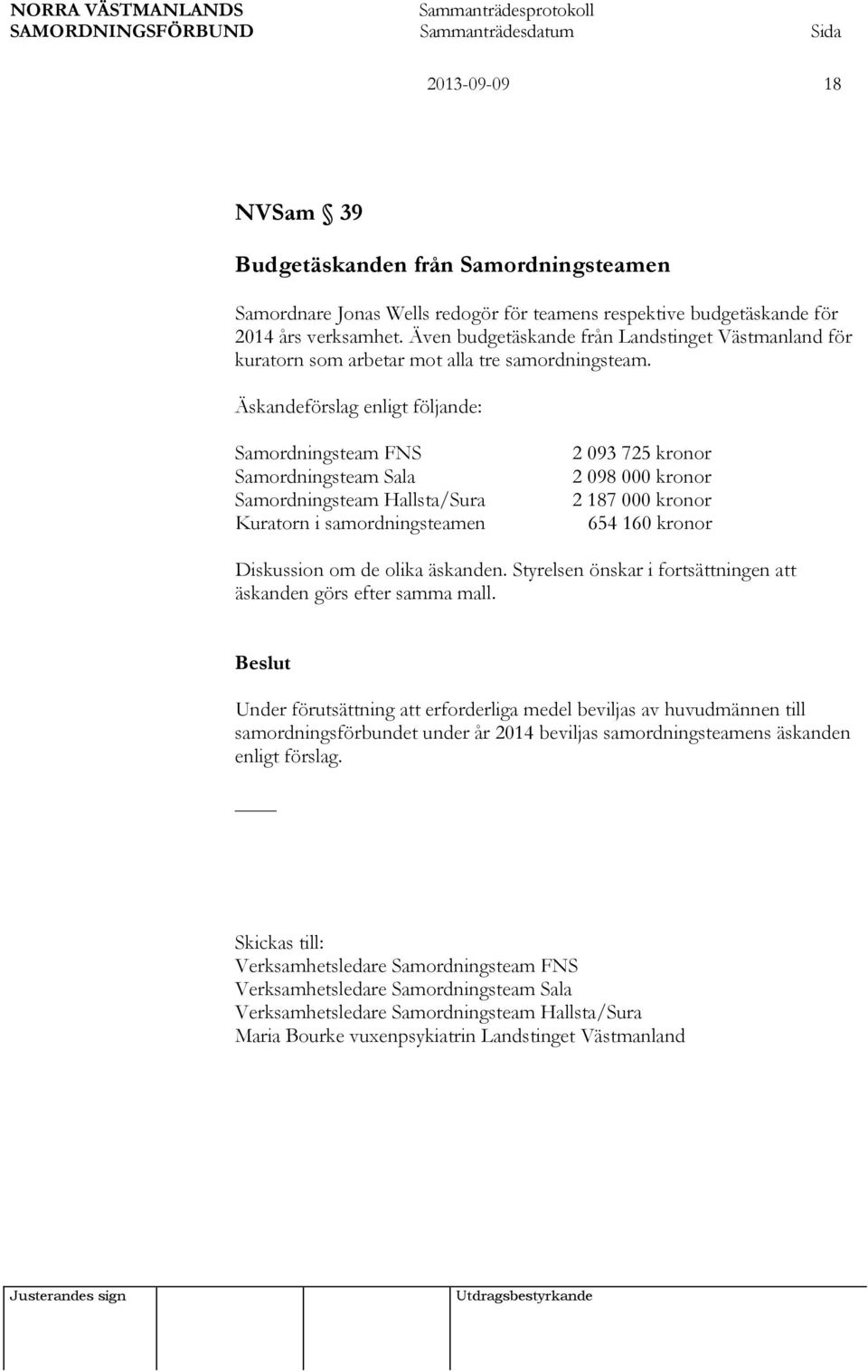 Äskandeförslag enligt följande: Samordningsteam FNS Samordningsteam Sala Samordningsteam Hallsta/Sura Kuratorn i samordningsteamen 2 093 725 kronor 2 098 000 kronor 2 187 000 kronor 654 160 kronor