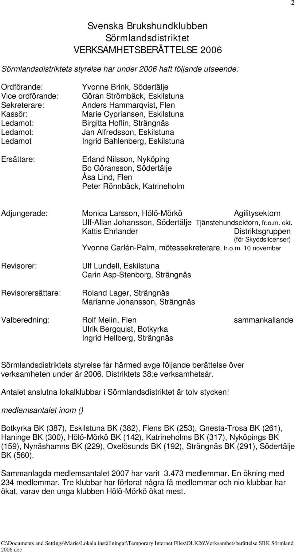 Ingrid Bahlenberg, Eskilstuna Erland Nilsson, Nyköping Bo Göransson, Södertälje Åsa Lind, Flen Peter Rönnbäck, Katrineholm Adjungerade: Monica Larsson, Hölö-Mörkö Agilitysektorn Ulf-Allan Johansson,