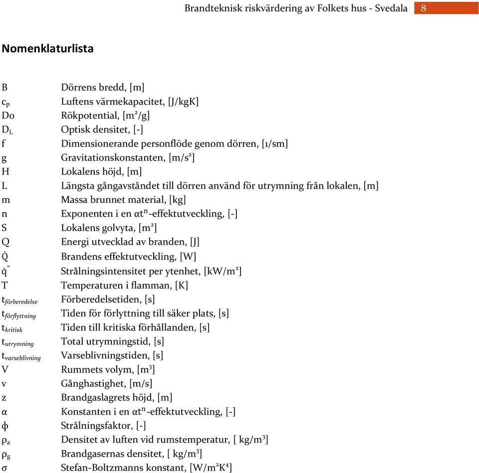 Exponenten i en αt n -effektutveckling, [-] S Lokalens golvyta, [m 2 ] Q Energi utvecklad av branden, [J] Q Brandens effektutveckling, [W] " q Strålningsintensitet per ytenhet, [kw/m 2 ] T
