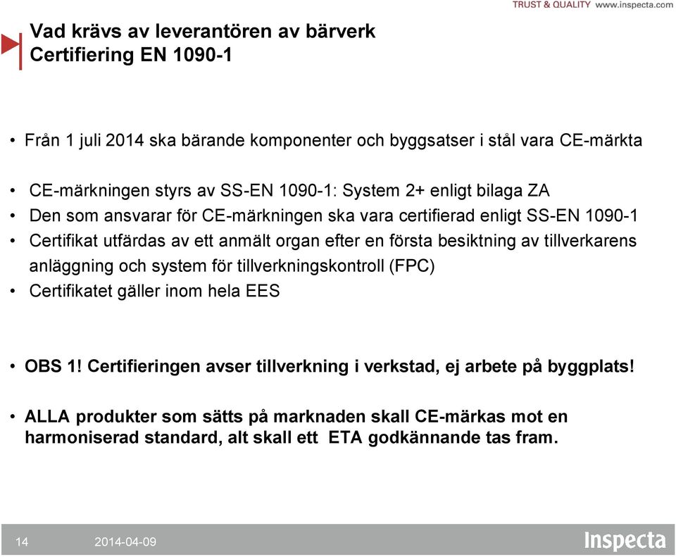 en första besiktning av tillverkarens anläggning och system för tillverkningskontroll (FPC) Certifikatet gäller inom hela EES OBS 1!