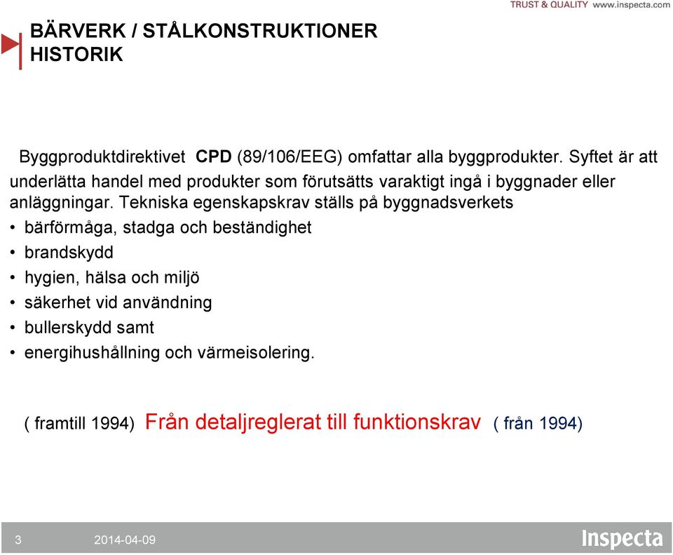 Tekniska egenskapskrav ställs på byggnadsverkets bärförmåga, stadga och beständighet brandskydd hygien, hälsa och miljö