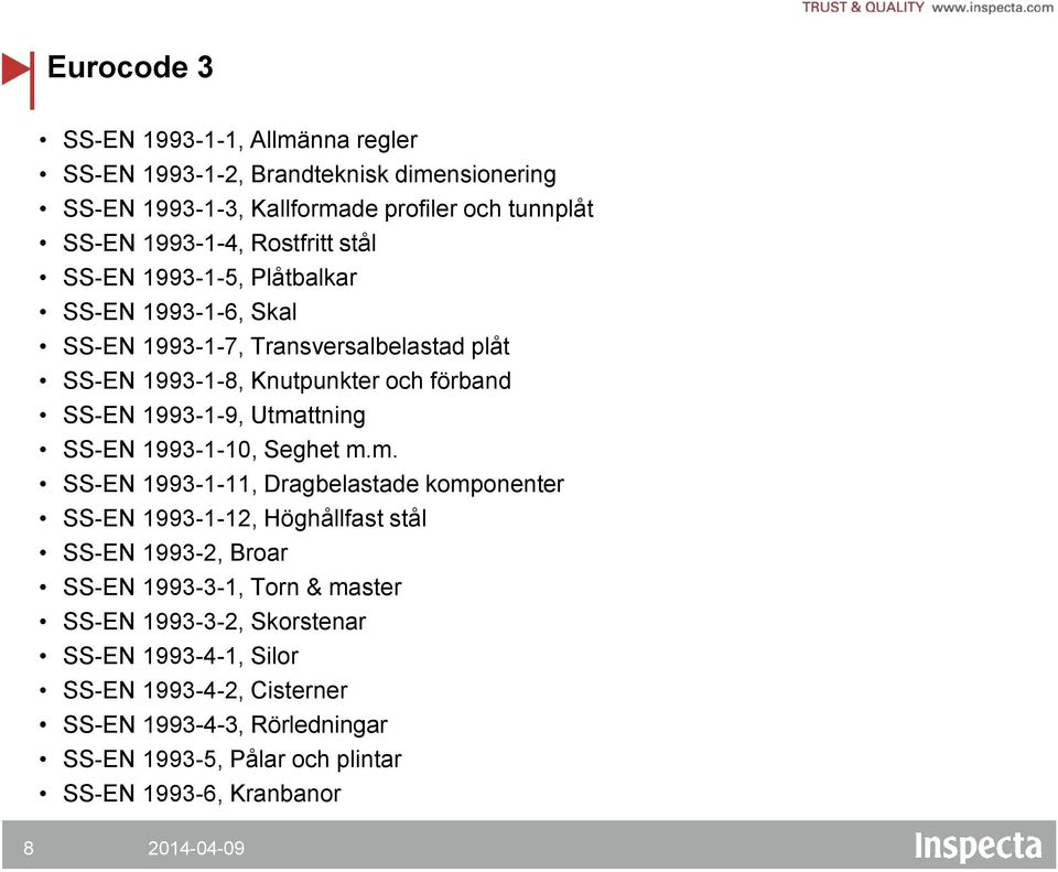 Utmattning SS-EN 1993-1-10, Seghet m.m. SS-EN 1993-1-11, Dragbelastade komponenter SS-EN 1993-1-12, Höghållfast stål SS-EN 1993-2, Broar SS-EN 1993-3-1, Torn &