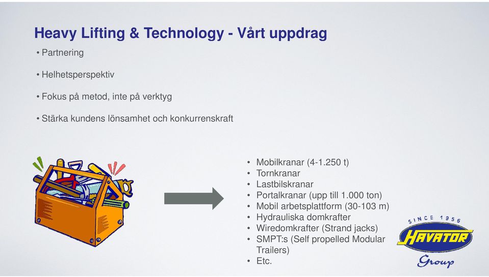 250 t) Tornkranar Lastbilskranar Portalkranar (upp till 1.