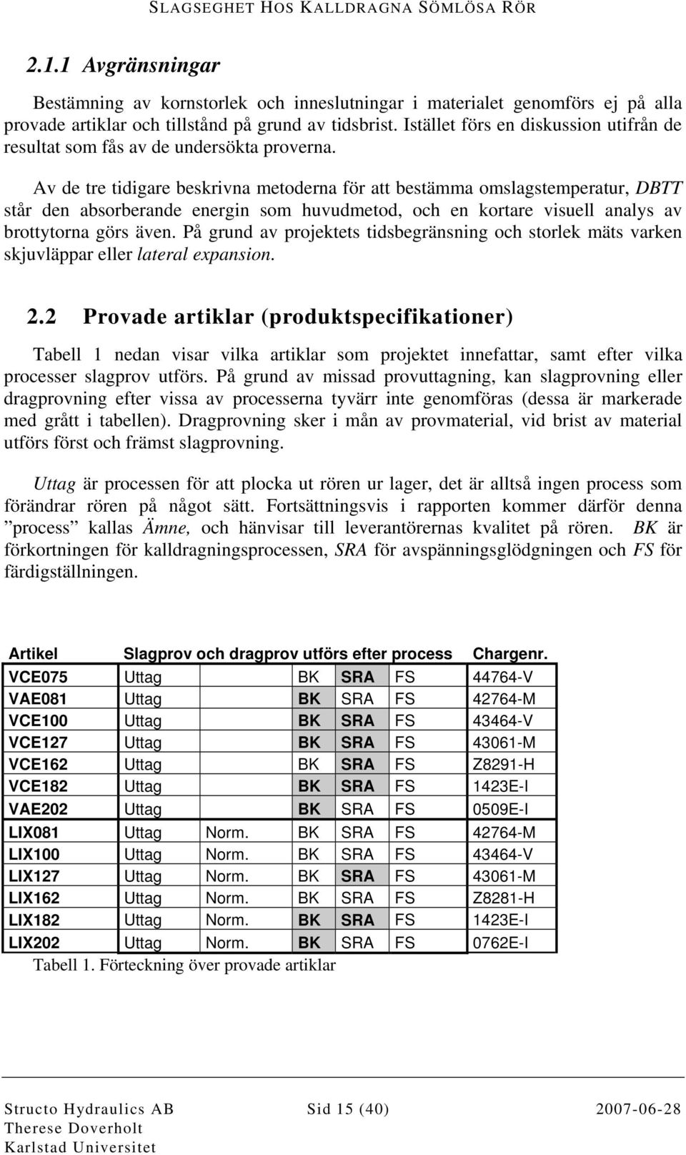 Av de tre tidigare beskrivna metoderna för att bestämma omslagstemperatur, DBTT står den absorberande energin som huvudmetod, och en kortare visuell analys av brottytorna görs även.